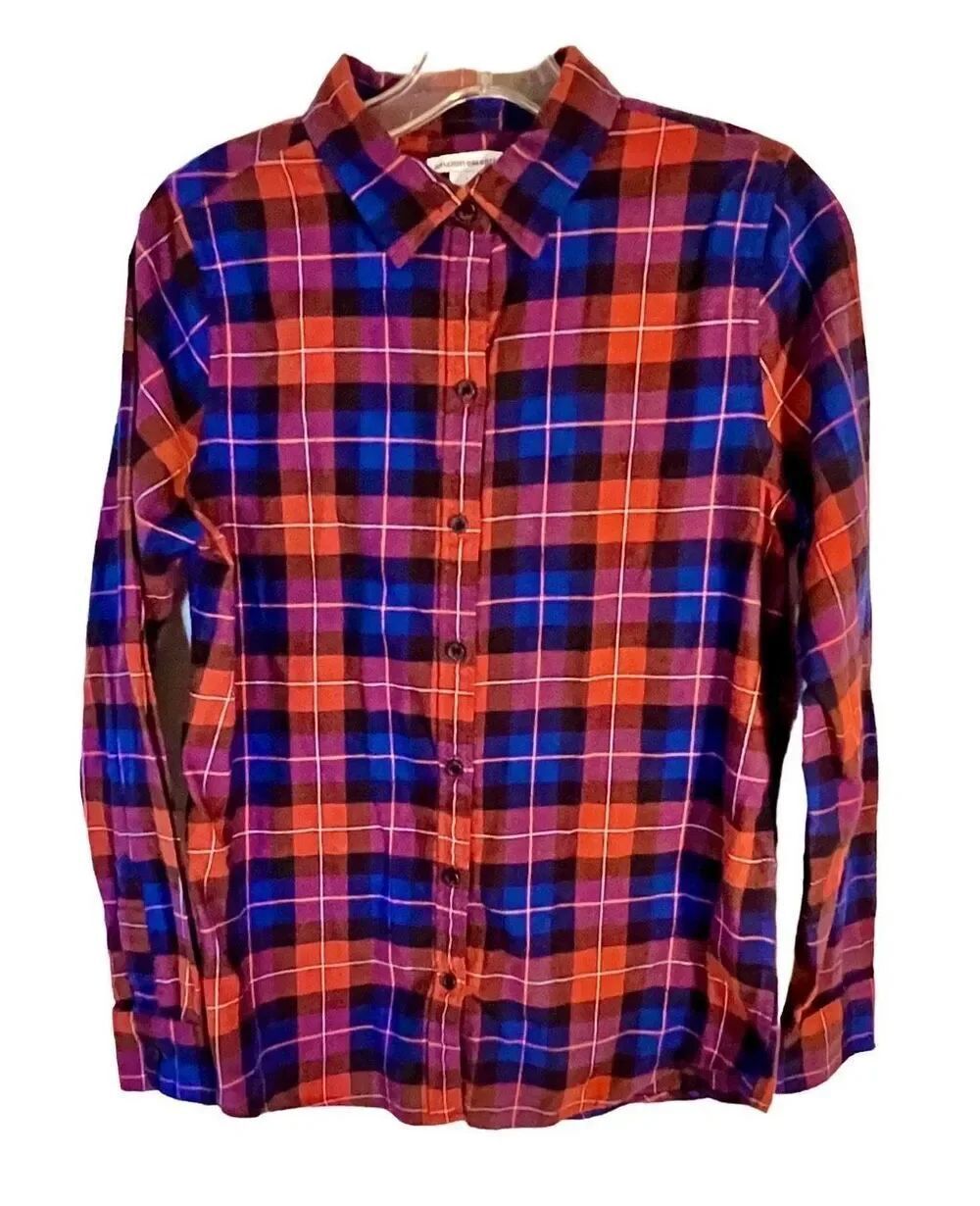 Amazon Essentials Brown/Blue Plaid Button Front Shirt Sz Small